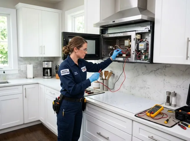 Appliance Repair Hero technician testing an over-the-range microwave in a Arcola, PA kitchen
